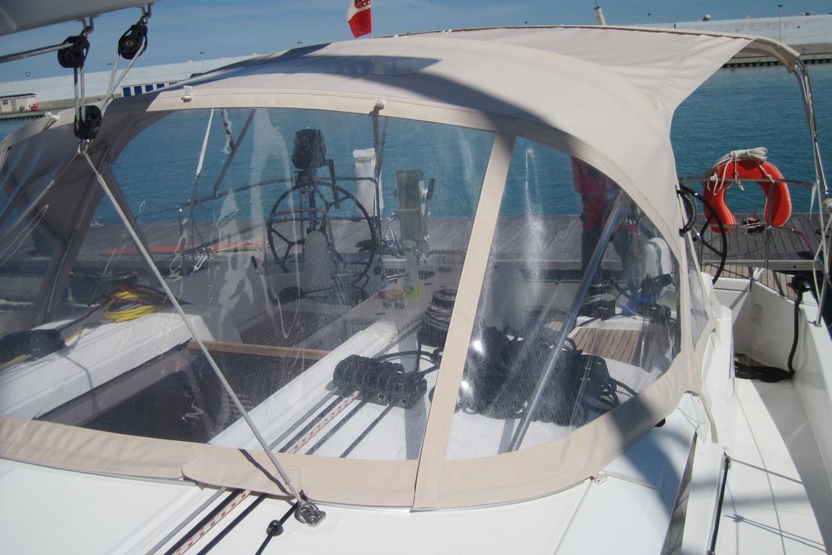 Deck of Erminia, a Jeanneau Sun Odyssey 440 sailboat at Capo d'Orlando, Italy