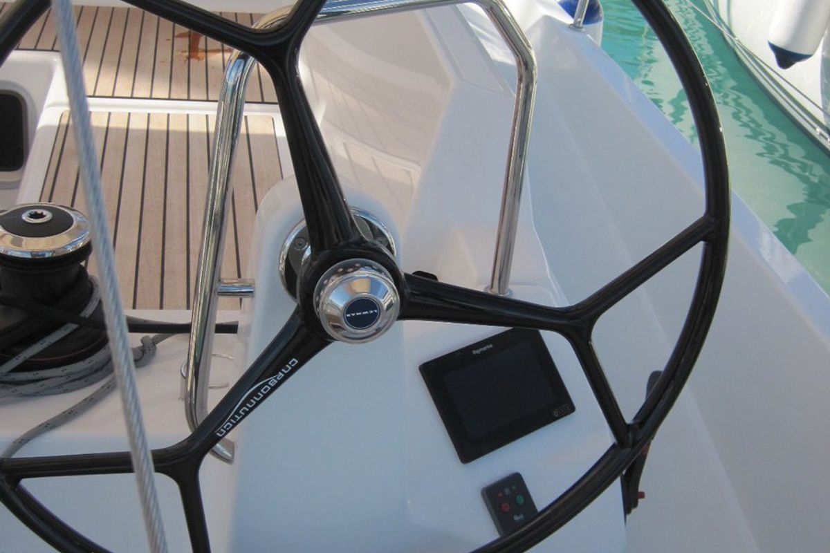 Cockpit of Erminia, a Jeanneau Sun Odyssey 440 sailboat at Capo d'Orlando, Italy