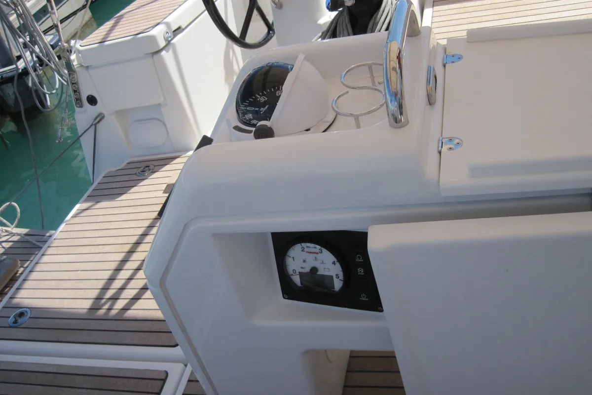 Cockpit of Erminia, a Jeanneau Sun Odyssey 440 sailboat at Capo d'Orlando, Italy