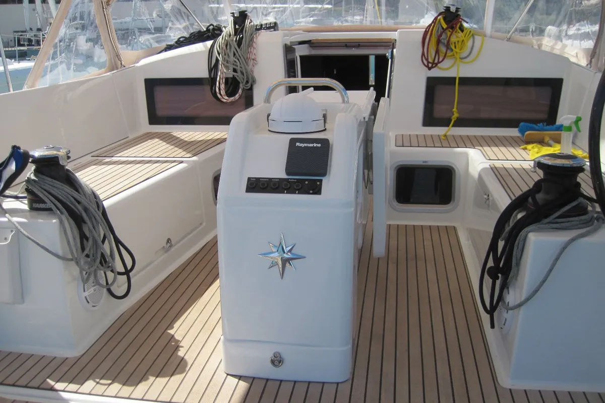 Cockpit of Erminia, a Jeanneau Sun Odyssey 440 sailboat at Capo d'Orlando, Italy