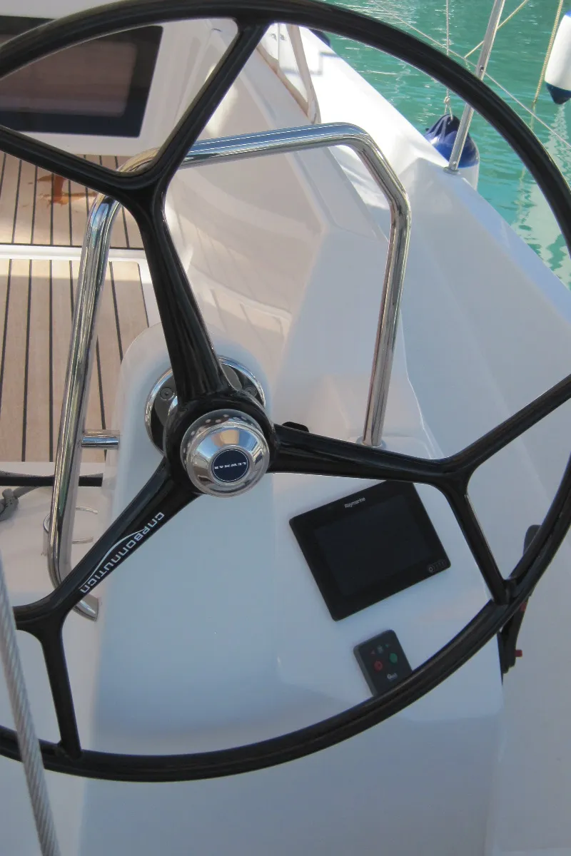 Cockpit of Erminia, a Jeanneau Sun Odyssey 440 sailboat at Capo d'Orlando, Italy