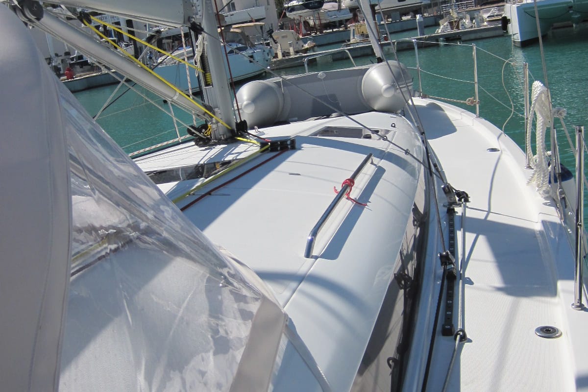 Deck of Erminia, a Jeanneau Sun Odyssey 440 sailboat at Capo d'Orlando, Italy