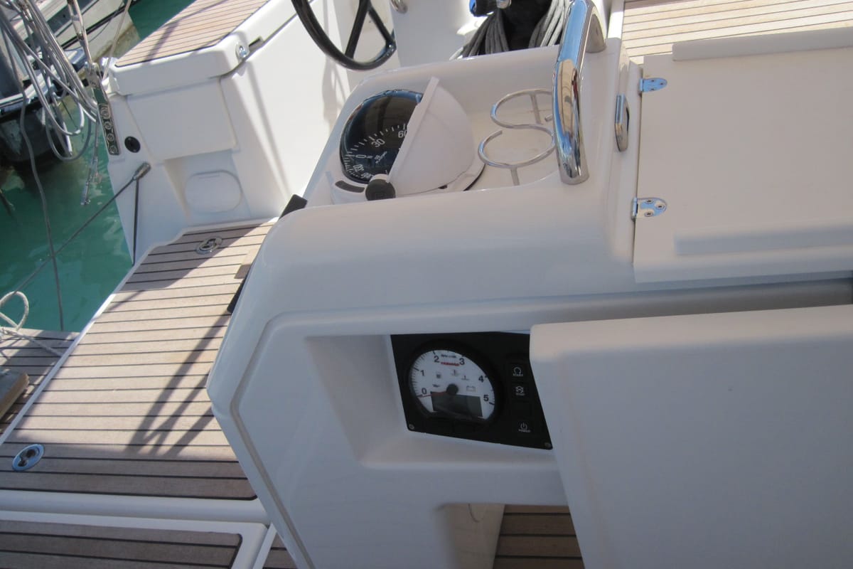 Cockpit of Erminia, a Jeanneau Sun Odyssey 440 sailboat at Capo d'Orlando, Italy
