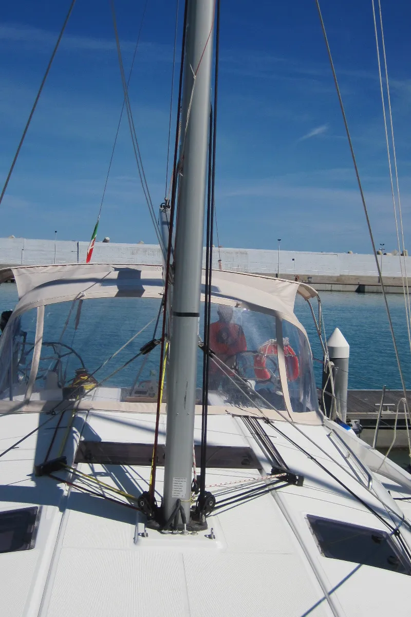 Exterior view of Erminia, a Jeanneau Sun Odyssey 440 sailboat at Capo d'Orlando, Italy