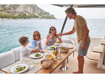Deck of 'Nnamo, a Prestige M48 catamaran at Capo d'Orlando, Italy