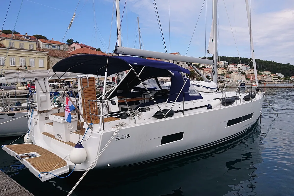 Exterior view of Vaya, a Hanse Yachts Hanse 460 sailboat at Općina Medulin, Croatia