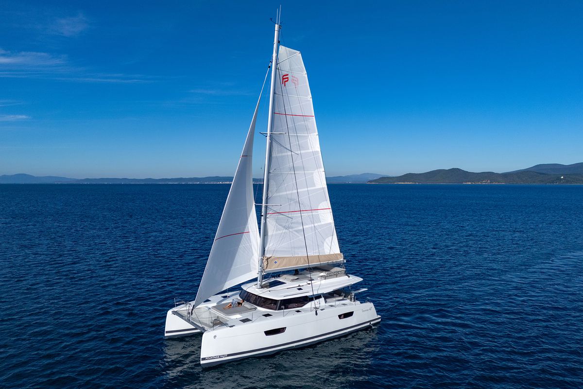 Exterior view of Elsa, a Fountaine Pajot Tanna 47 catamaran at Piombino, Italy