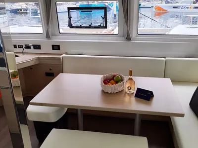 Salon of Lady Mary, a Lagoon 46 catamaran at Lavreotiki Municipal Unit, Greece