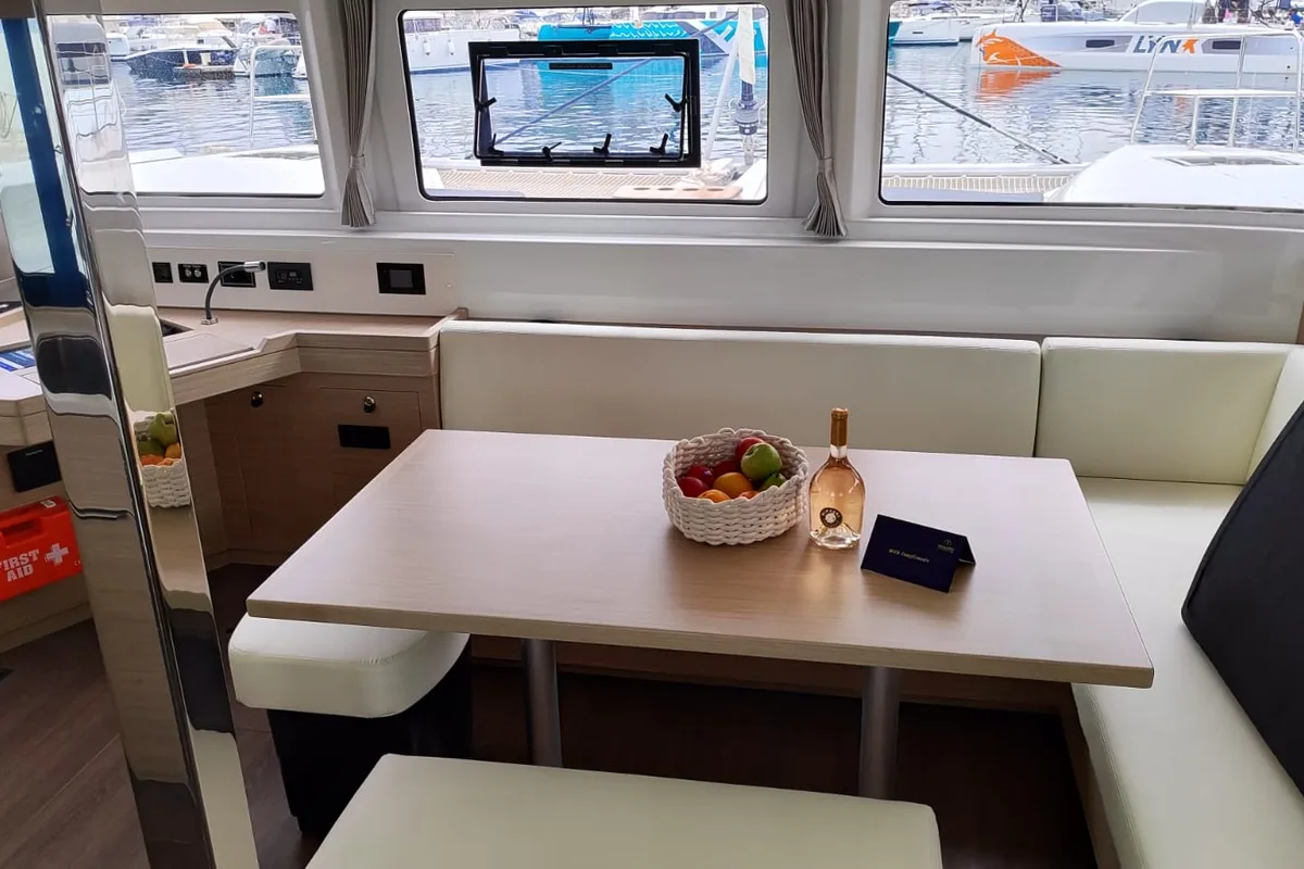 Salon of Lady Mary, a Lagoon 46 catamaran at Lavreotiki Municipal Unit, Greece
