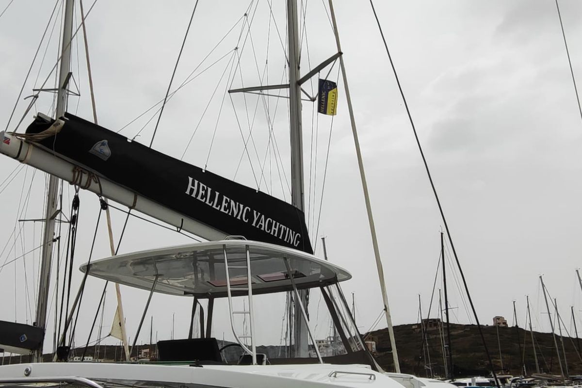 Exterior view of Lady Mary, a Lagoon 46 catamaran at Lavreotiki Municipal Unit, Greece
