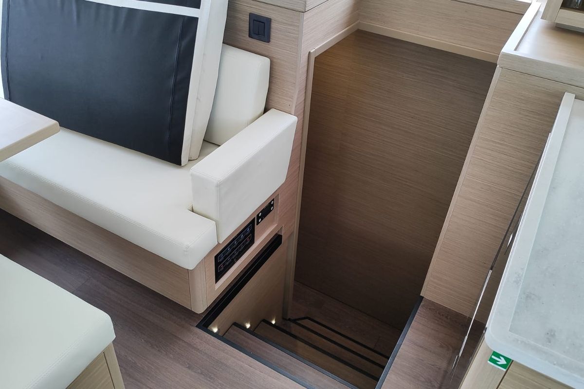Salon of Lady Mary, a Lagoon 46 catamaran at Lavreotiki Municipal Unit, Greece