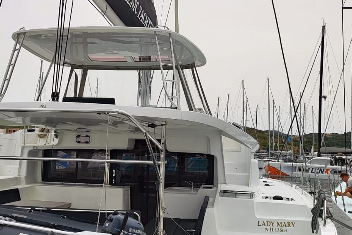 Exterior view of Lady Mary, a Lagoon 46 catamaran at Lavreotiki Municipal Unit, Greece