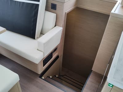 Salon of Lady Mary, a Lagoon 46 catamaran at Lavreotiki Municipal Unit, Greece