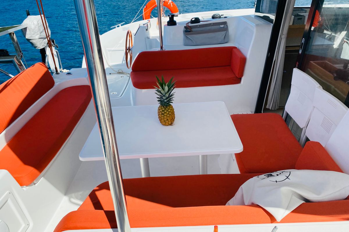 Deck of Moana Ibiza Bareboat, a Excess 11 catamaran at Ibiza, Spain