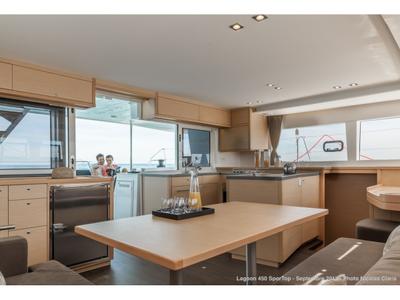 Galley of Poivre, a Lagoon 450 Sport catamaran at Eden Island Marina, Seychelles