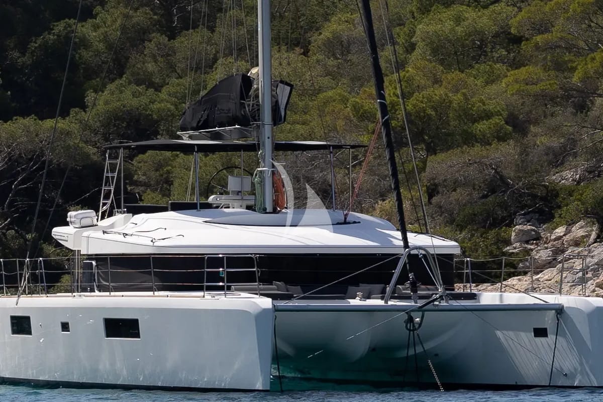 Exterior view of Ace of Hearts, a Lagoon 52 catamaran at Athens, Greece