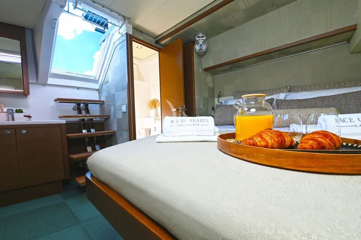 Cabin on Ace of Hearts, a Lagoon 52 catamaran at Athens, Greece