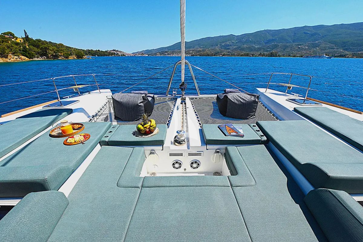 Deck of Ace of Hearts, a Lagoon 52 catamaran at Athens, Greece