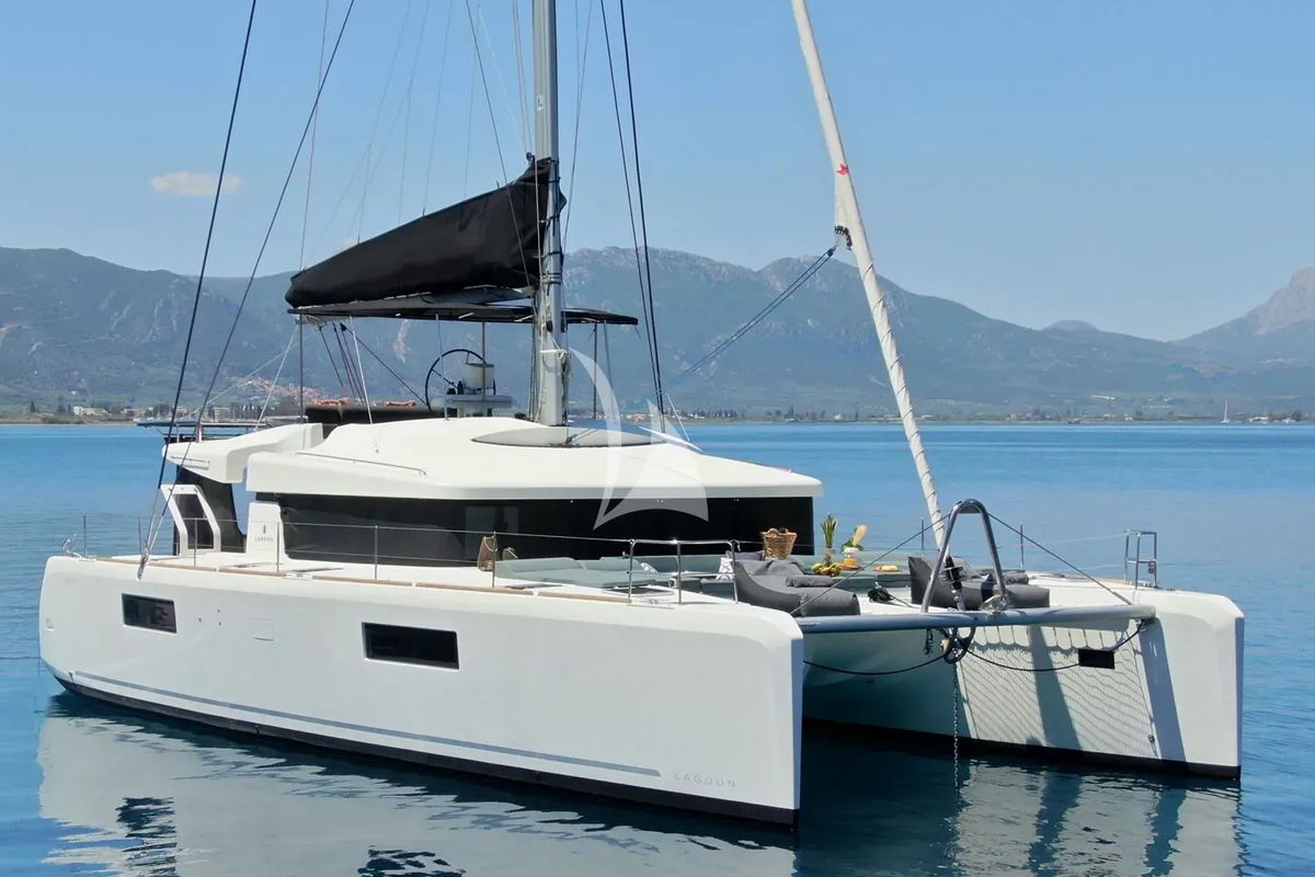 Exterior view of Ace of Hearts, a Lagoon 52 catamaran at Athens, Greece
