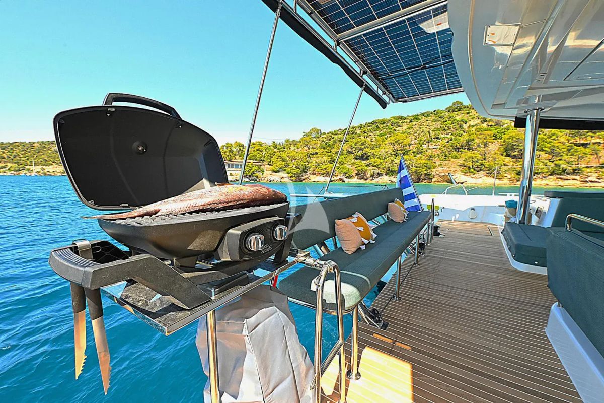 Deck of Ace of Hearts, a Lagoon 52 catamaran at Athens, Greece