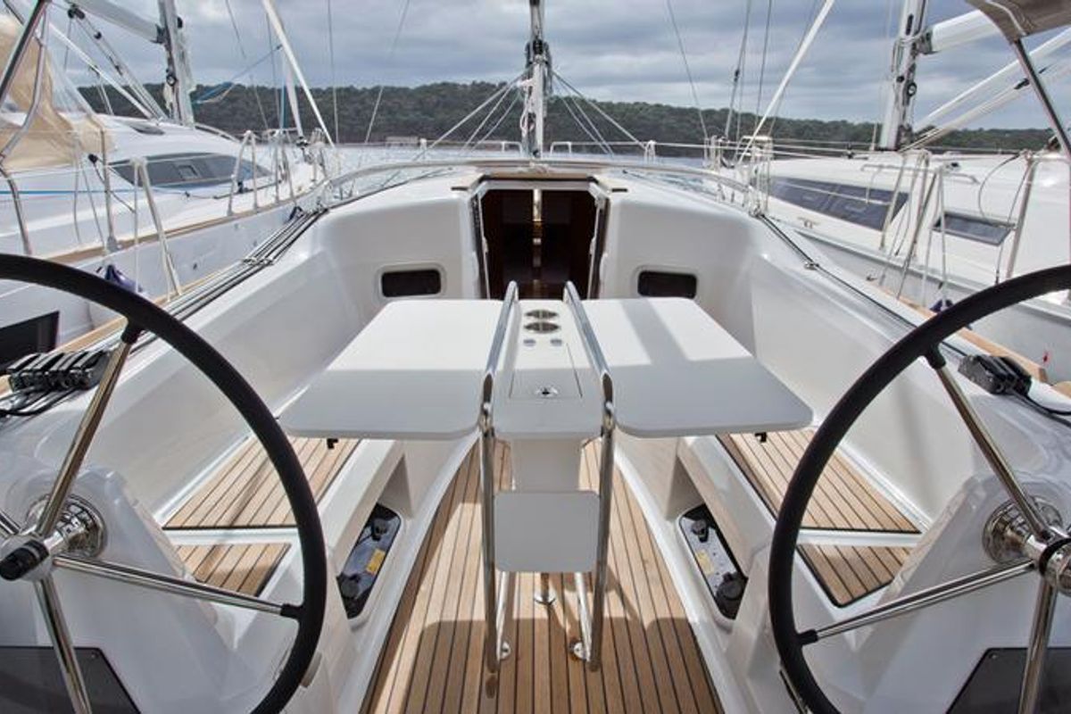 Cockpit of SheShe, a Jeanneau Sun Odyssey 349 sailboat at Grad Pula, Croatia