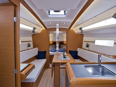 Salon of SheShe, a Jeanneau Sun Odyssey 349 sailboat at Grad Pula, Croatia