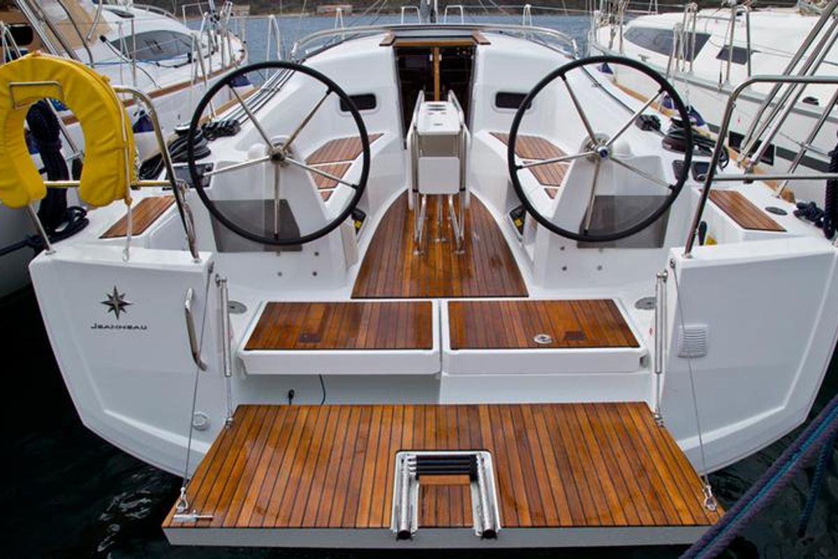 Cockpit of SheShe, a Jeanneau Sun Odyssey 349 sailboat at Grad Pula, Croatia