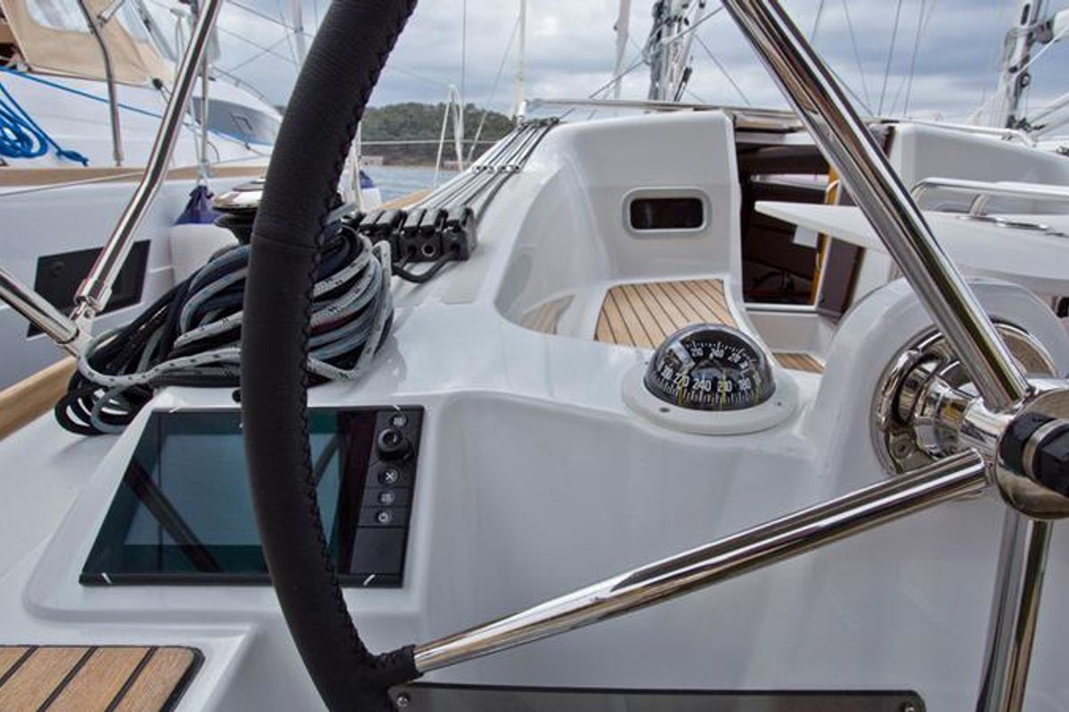 Cockpit of SheShe, a Jeanneau Sun Odyssey 349 sailboat at Grad Pula, Croatia