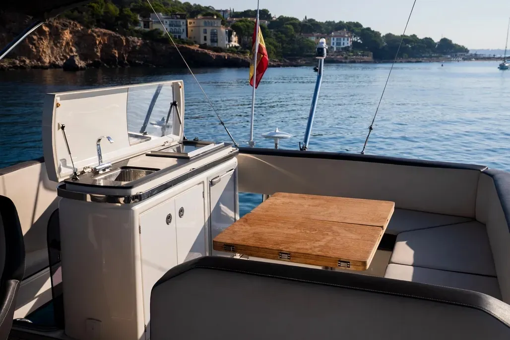 Deck of Ela, a Bavaria R55 Fly yacht at Seget Donji, Croatia