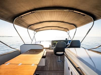 Cockpit of Ela, a Bavaria R55 Fly yacht at Seget Donji, Croatia