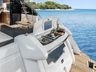 Deck of Ela, a Bavaria R55 Fly yacht at Seget Donji, Croatia