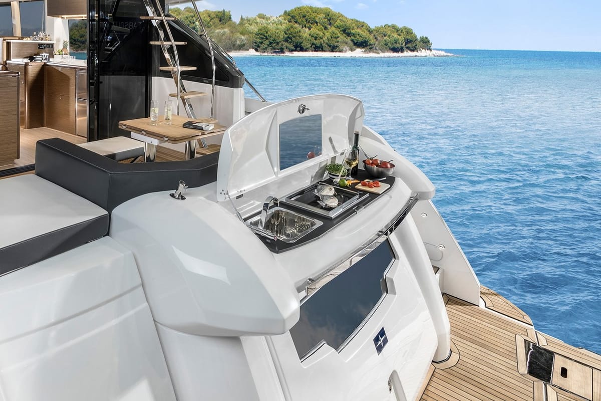 Deck of Ela, a Bavaria R55 Fly yacht at Seget Donji, Croatia
