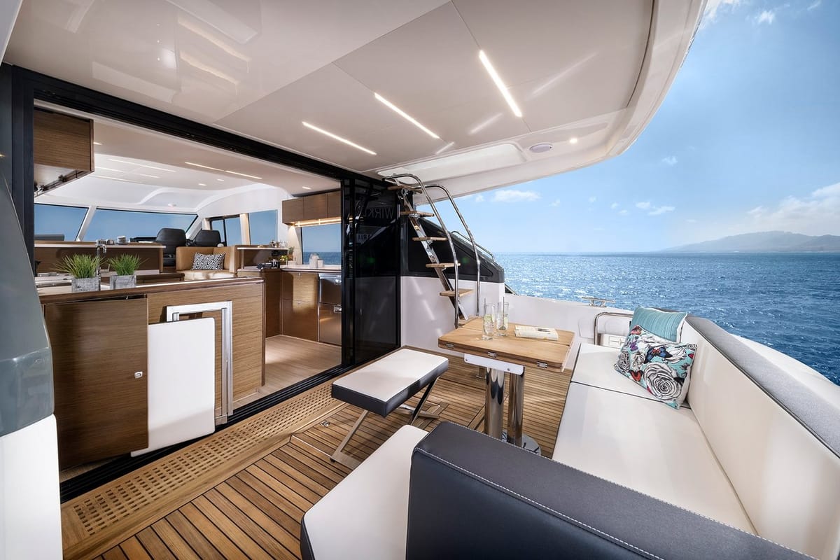 Deck of Ela, a Bavaria R55 Fly yacht at Seget Donji, Croatia