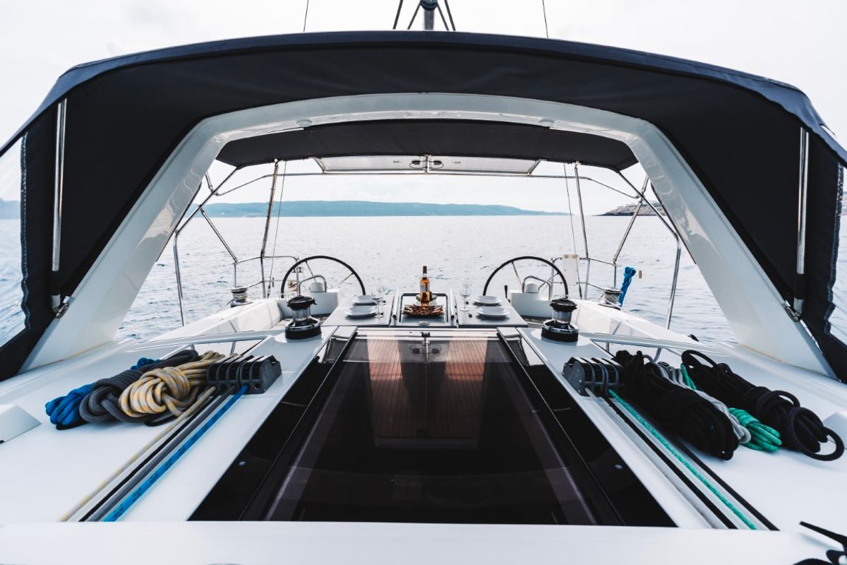 Cockpit of Rafaella, a Beneteau Oceanis 45 sailboat at Volos Municipality, Greece