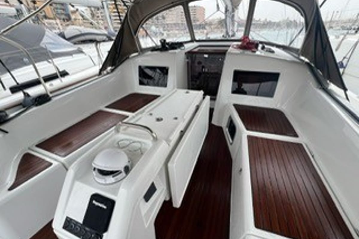 Deck of Titzi, a Jeanneau Sun Odyssey 410 sailboat at Palma de Mallorca, Spain