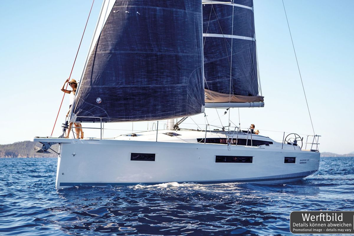 Exterior view of Titzi, a Jeanneau Sun Odyssey 410 sailboat at Palma de Mallorca, Spain