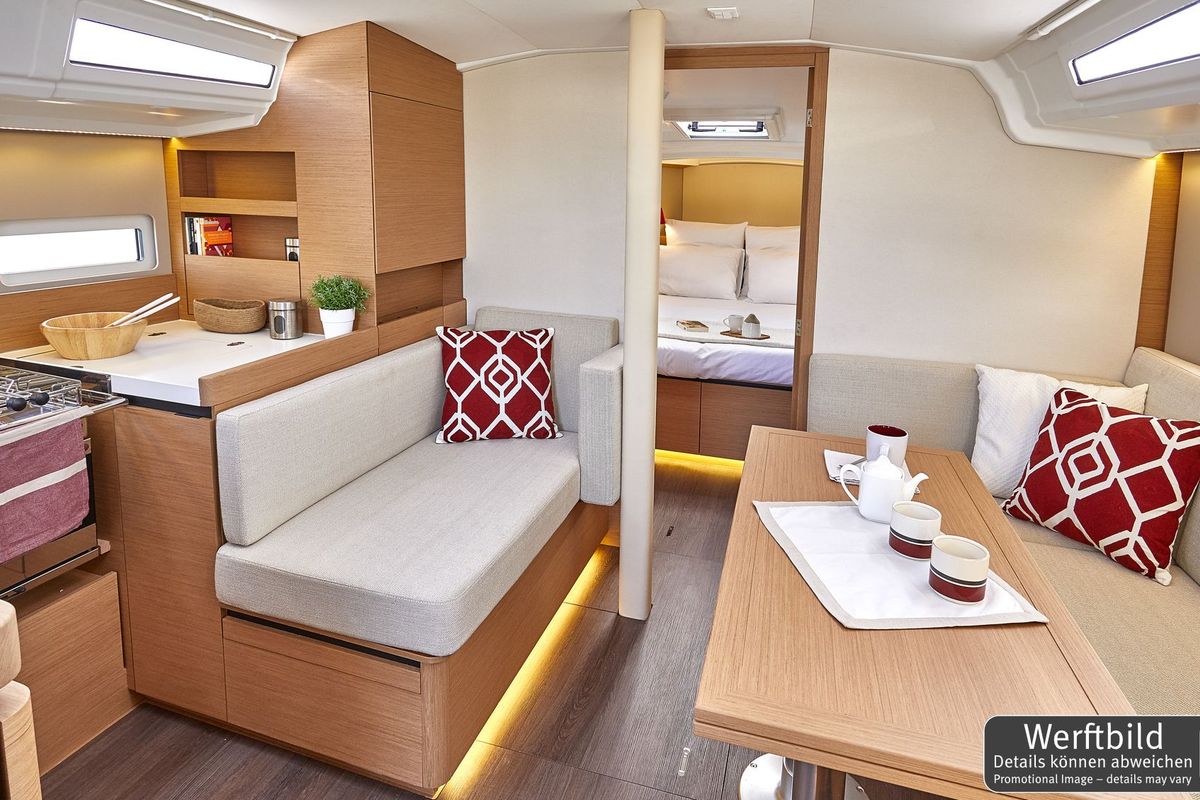 Salon of Titzi, a Jeanneau Sun Odyssey 410 sailboat at Palma de Mallorca, Spain