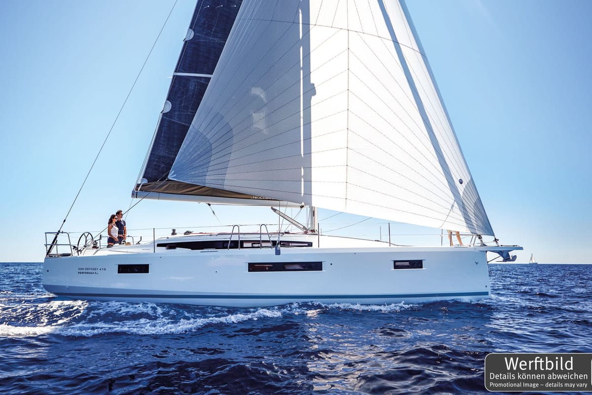 Exterior view of Titzi, a Jeanneau Sun Odyssey 410 sailboat at Palma de Mallorca, Spain