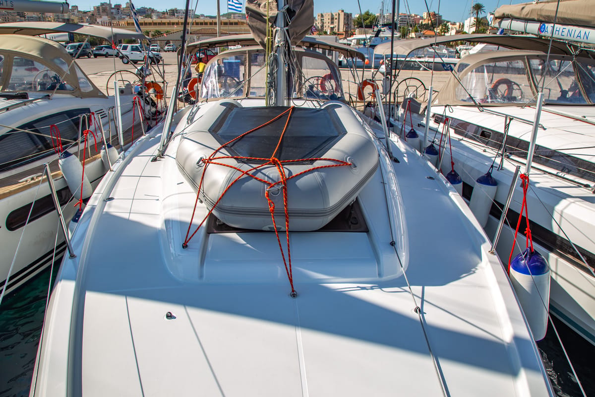 Deck of Apostolis, a Jeanneau Sun Odyssey 440 sailboat at Zakynthos Municipal Unit, Greece