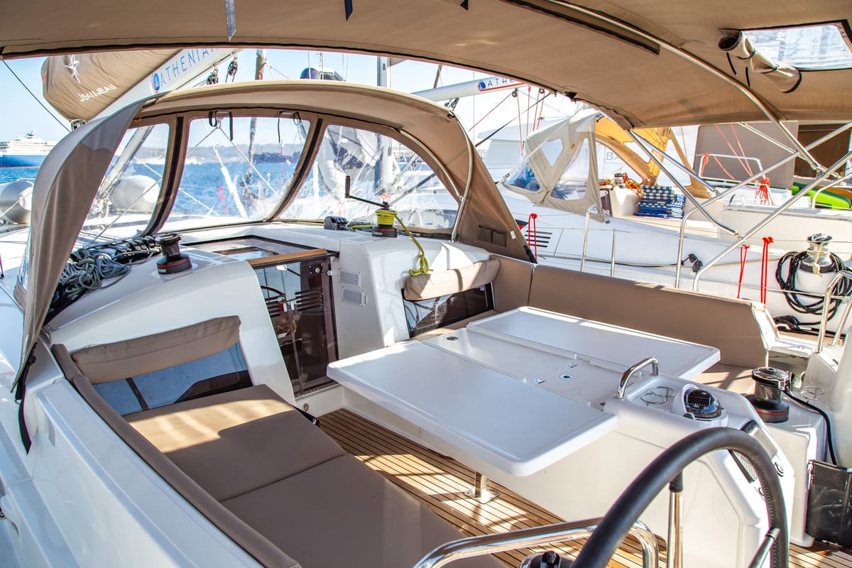 Deck of Apostolis, a Jeanneau Sun Odyssey 440 sailboat at Zakynthos Municipal Unit, Greece