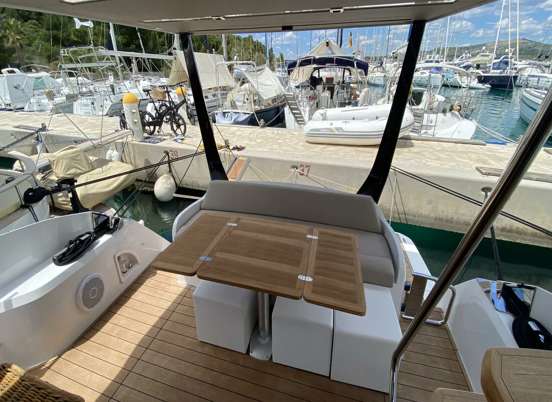 Deck of Sid One, a Sessa Marine Sessa Fly 47 yacht at Grad Šibenik, Croatia