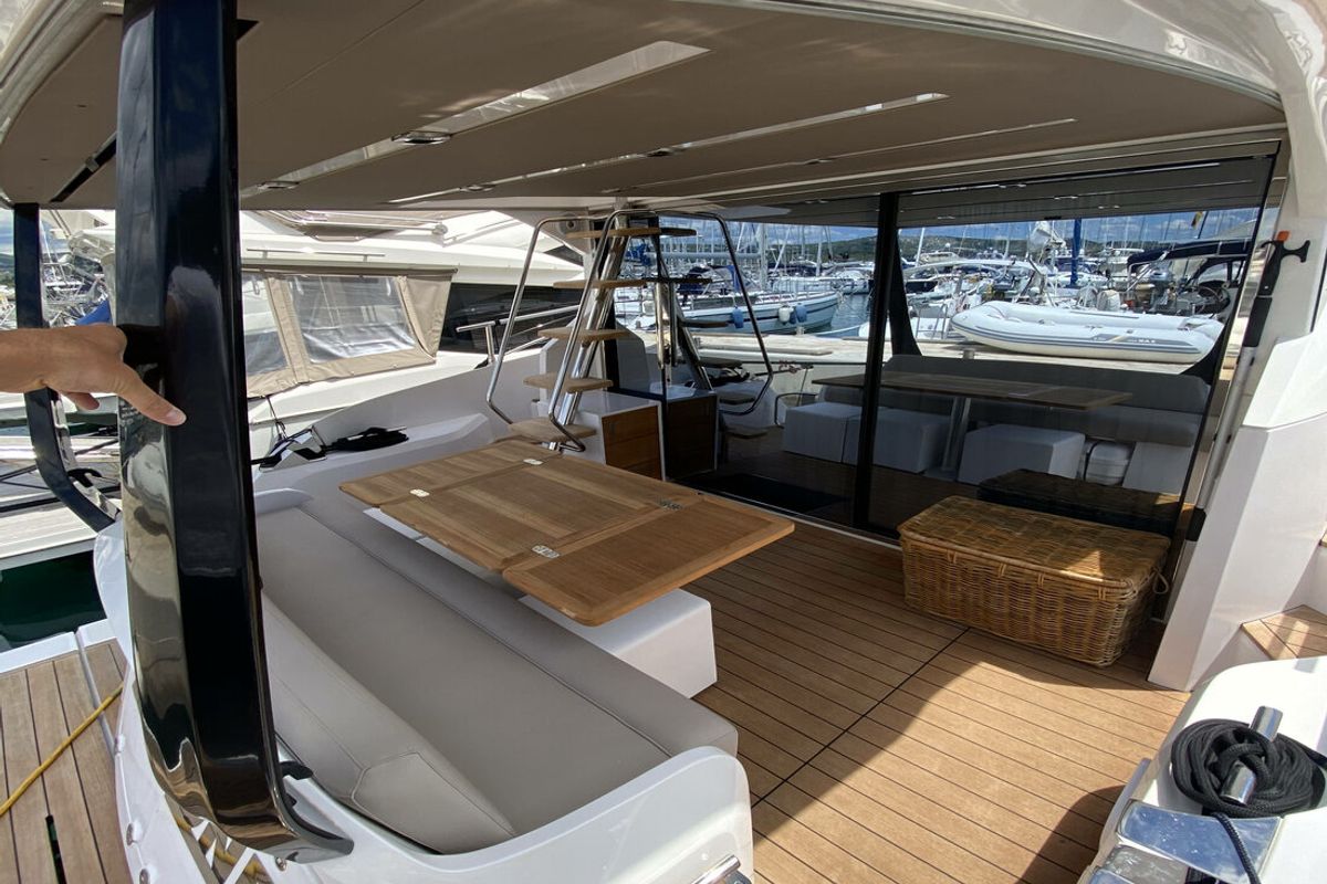 Deck of Sid One, a Sessa Marine Sessa Fly 47 yacht at Grad Šibenik, Croatia