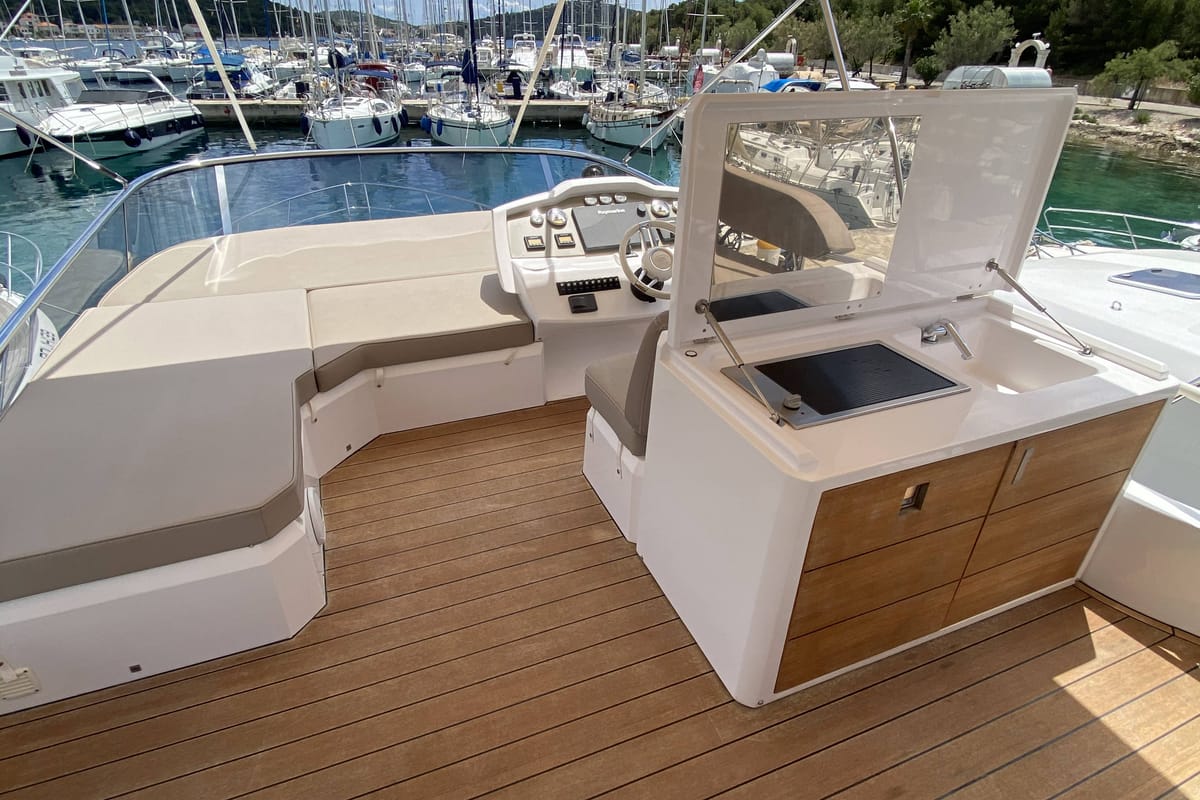Cockpit of Sid One, a Sessa Marine Sessa Fly 47 yacht at Grad Šibenik, Croatia
