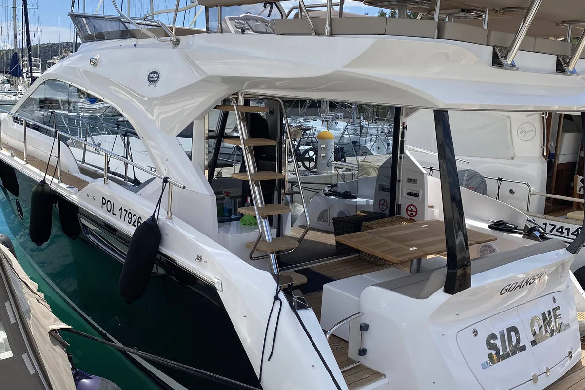 Exterior view of Sid One, a Sessa Marine Sessa Fly 47 yacht at Grad Šibenik, Croatia