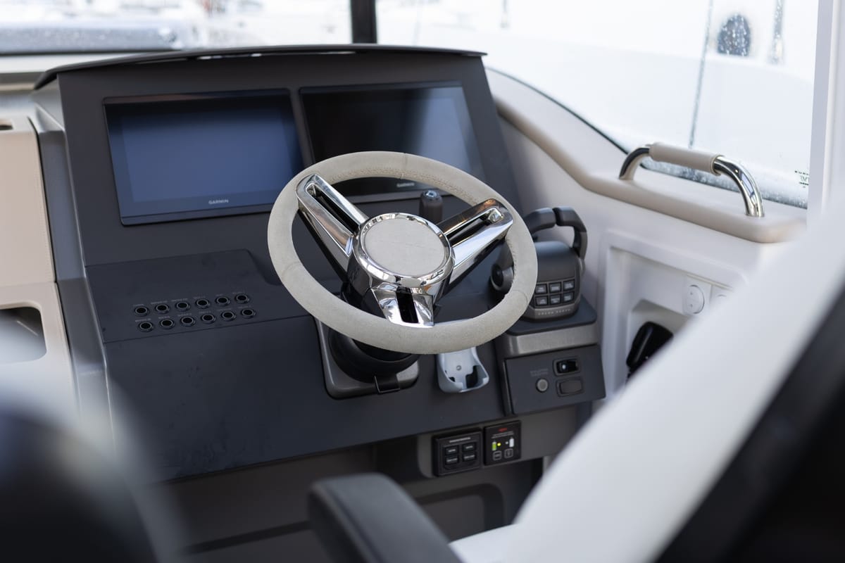 Cockpit of POSEIDON, a Nimbus Commuter C11 motorboat at Split, Croatia