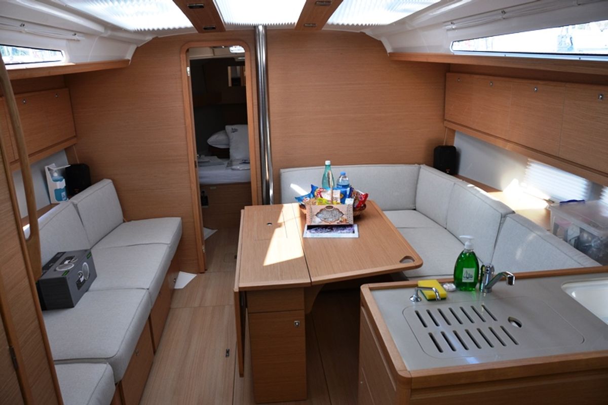 Salon of Cordelia, a Dufour 390 Grand Large sailboat at Marmaris, Turkey
