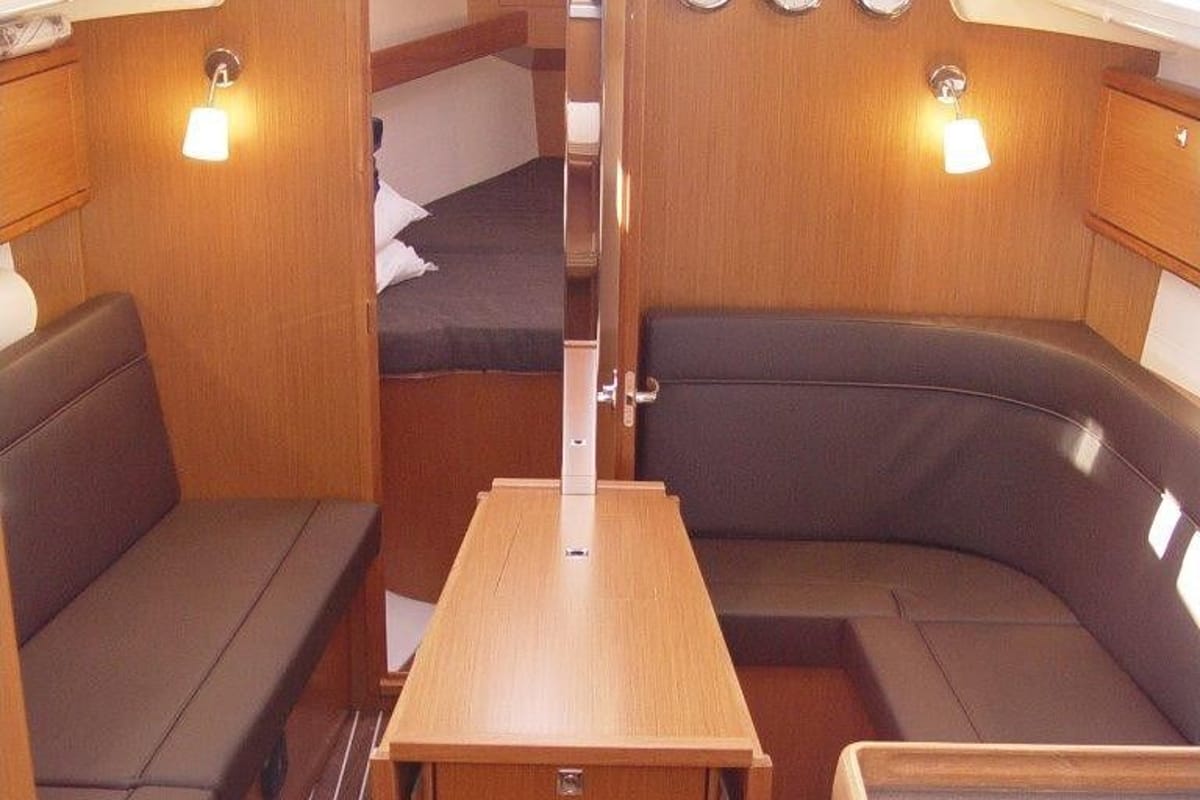 Salon of Merak, a Bavaria Cruiser 34 sailboat at Olbia, Italy