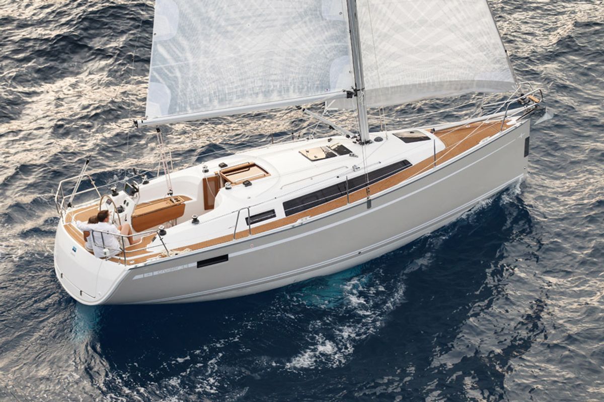 Exterior view of Merak, a Bavaria Cruiser 34 sailboat at Olbia, Italy