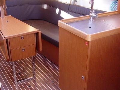 Salon of Merak, a Bavaria Cruiser 34 sailboat at Olbia, Italy