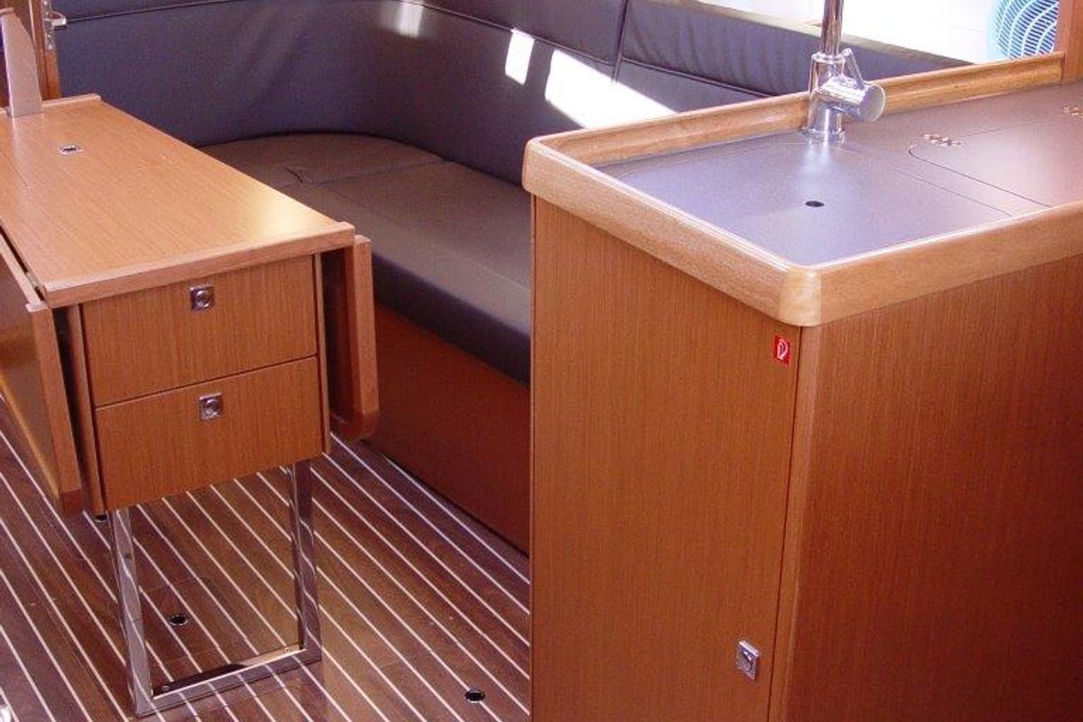 Salon of Merak, a Bavaria Cruiser 34 sailboat at Olbia, Italy